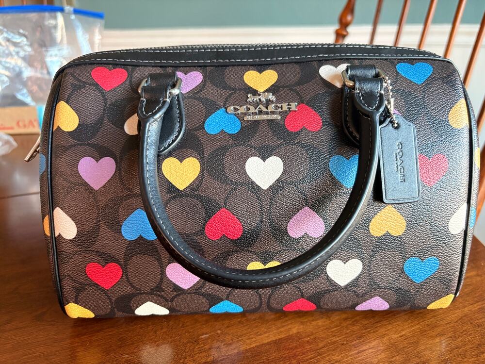 Coach CP109 Rowan Satchel Multi Heart Signature Brown Black Crossbody Bag Tags